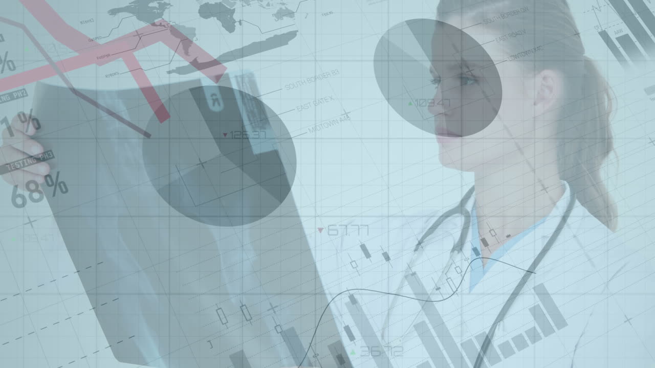 animación de la interfaz infográfica sobre gráficos contra una doctora caucásica analizando rayos x