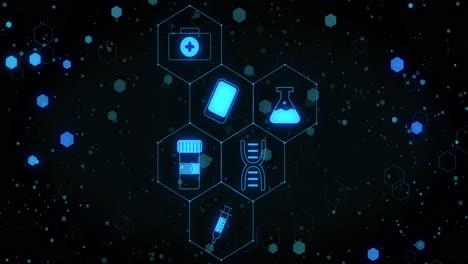 animation of network of blue medical icons over light spots and connections on black background