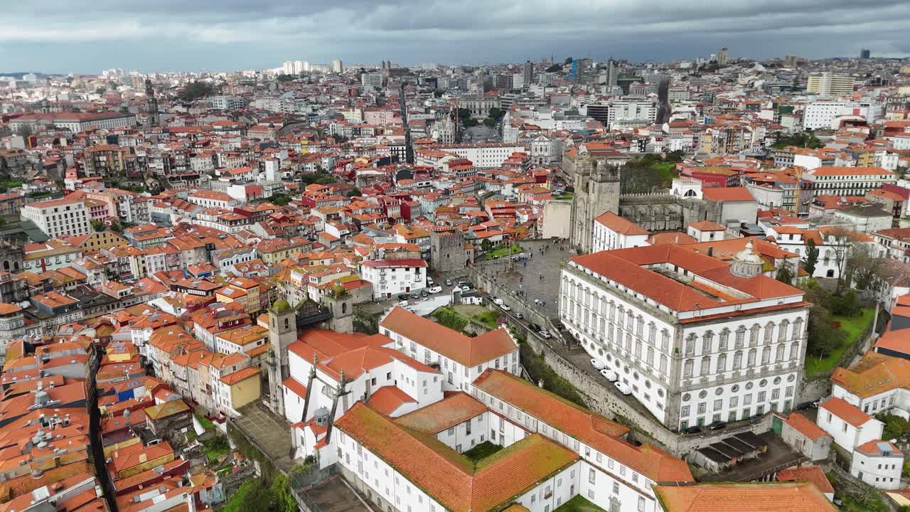 Drone video of Porto Cathedral and historic buildings