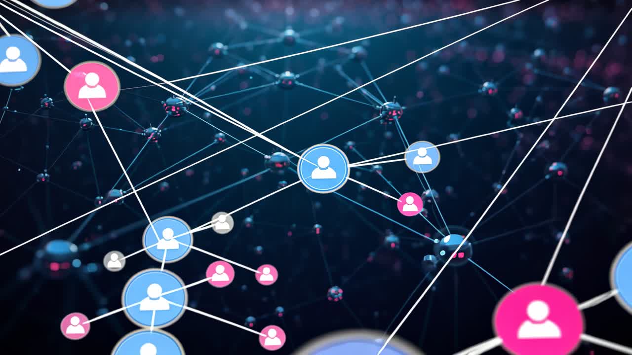 Pulsing central blue user avatar sending glowing line to empty node in network, spawning icons