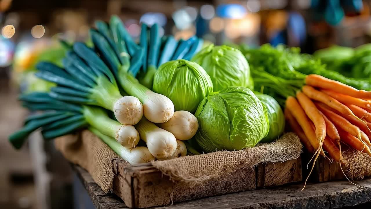 나무 테이블 위에 야채 한 묶음이 놓여 있다