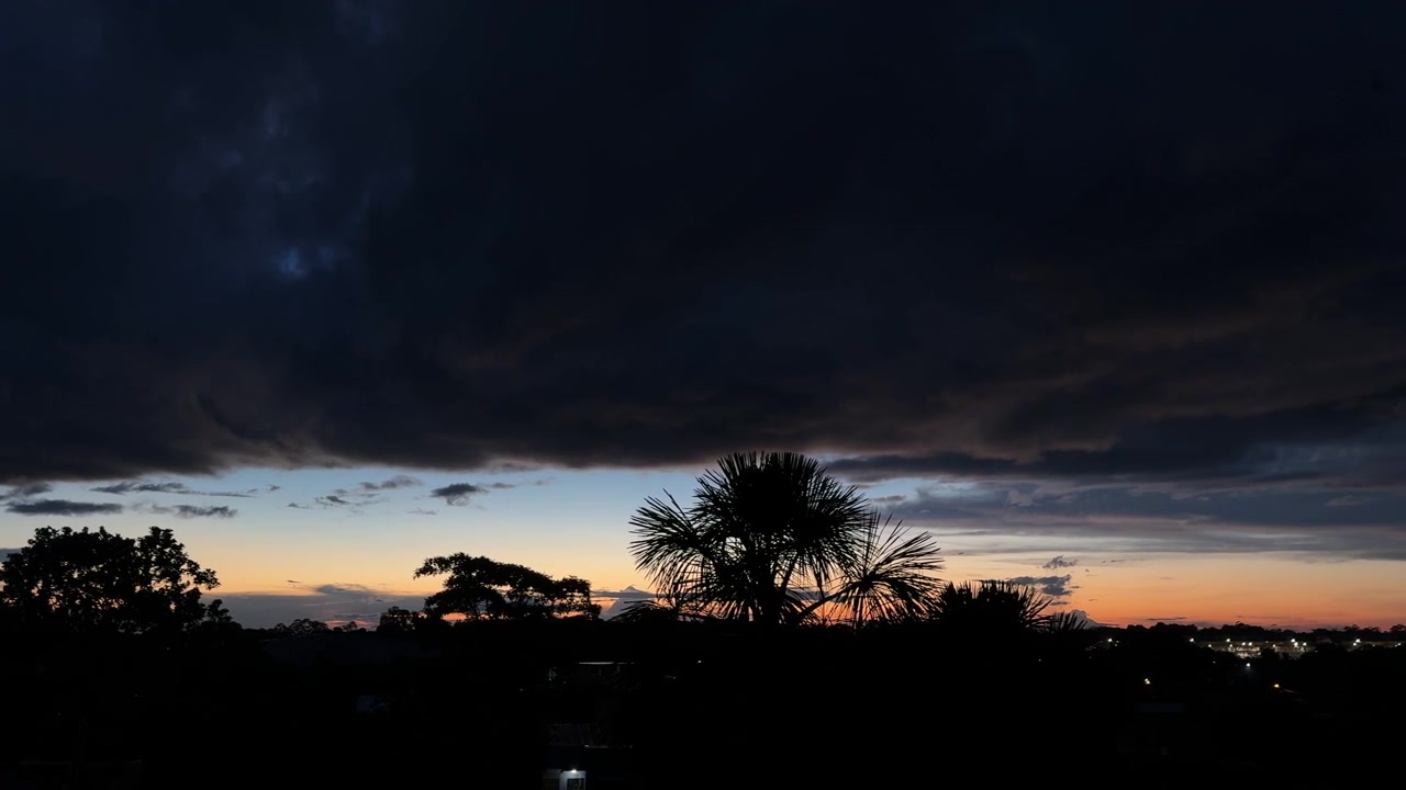 Nubes oscuras crean un cielo dramático al caer el anochecer sobre árboles silueteados en el Amazonas. Perfecto para contenido relacionado con el clima o para crear una atmósfera