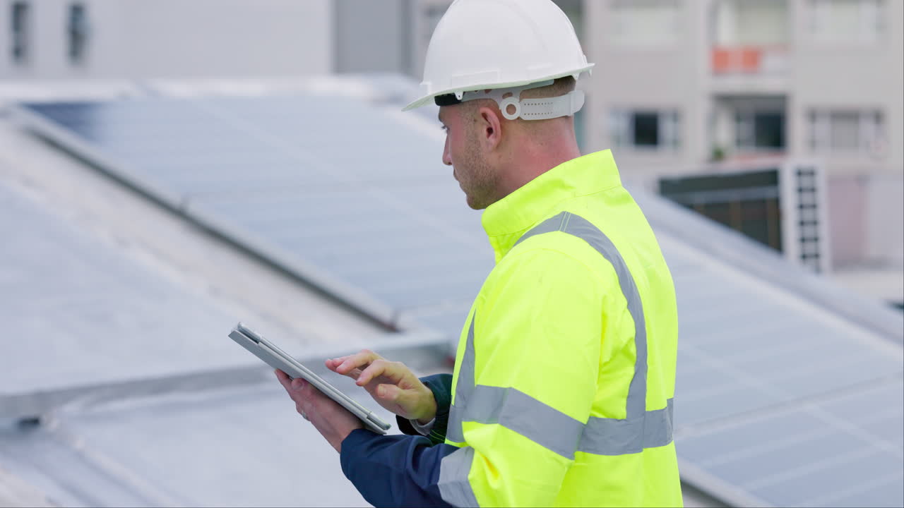 Engineering, man and tablet for solar panels