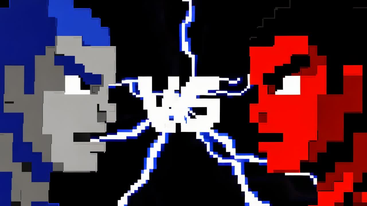 Emblema VS che irradia, emettendo archi elettrici nel vuoto nero, pulsando per segnalare un duello tra teste pixelate.