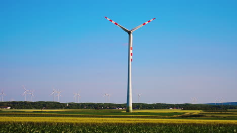 huge wind turbine working in the field. wind farm produces the clean energy. low angle view.