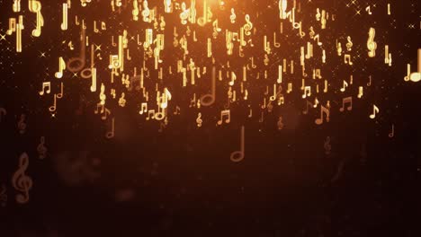 notas de música retorcidas con luces de estrellas y luces bokeh fondo de bucle dorado.