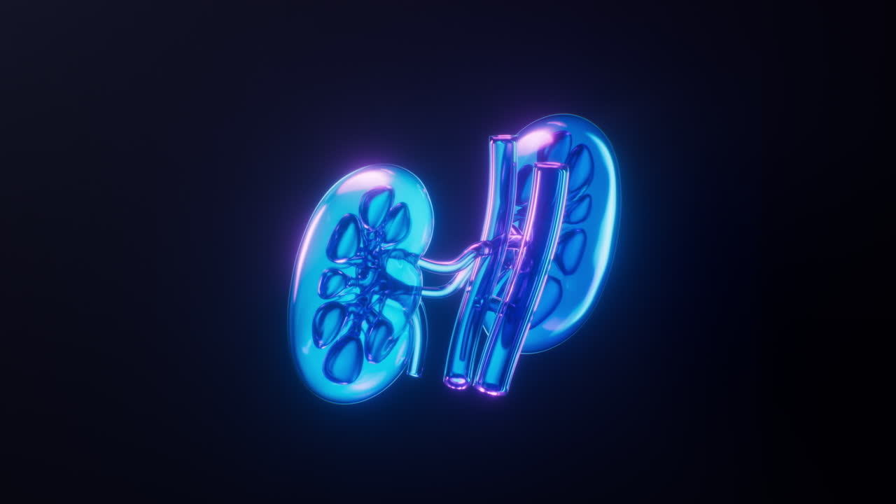Loop animation of kidney with dark neon light effect, 3d rendering.