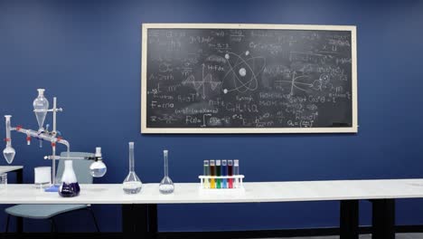 In-a-deliberate-slow-motion-sweep,-a-science-laboratory-reveals-a-blackboard-laden-with-intricate-equations,-juxtaposed-against-glass-beakers,-encapsulating-the-union-of-theory-and-practice