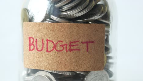 budget text on a saving coins jar on white ,