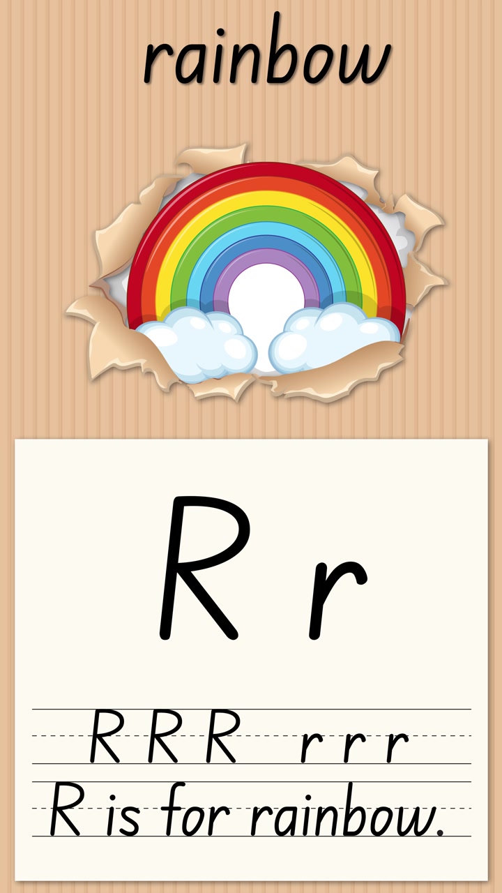 Lettera animata dell'alfabeto R per Arcobaleno con pratica di scrittura