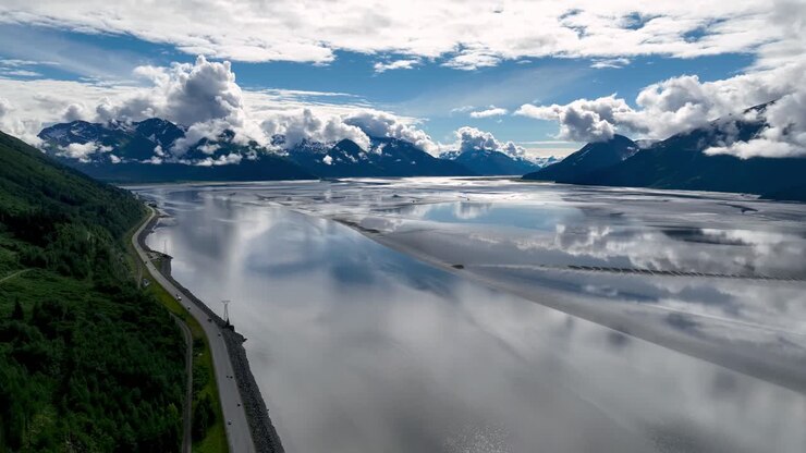 aereo di nuvole e montagne al braccio di turnagain in alaska