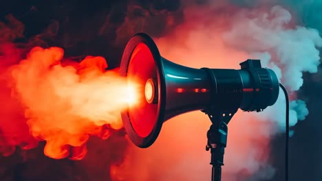 a megaphone with a red and blue background with smoke coming out of it