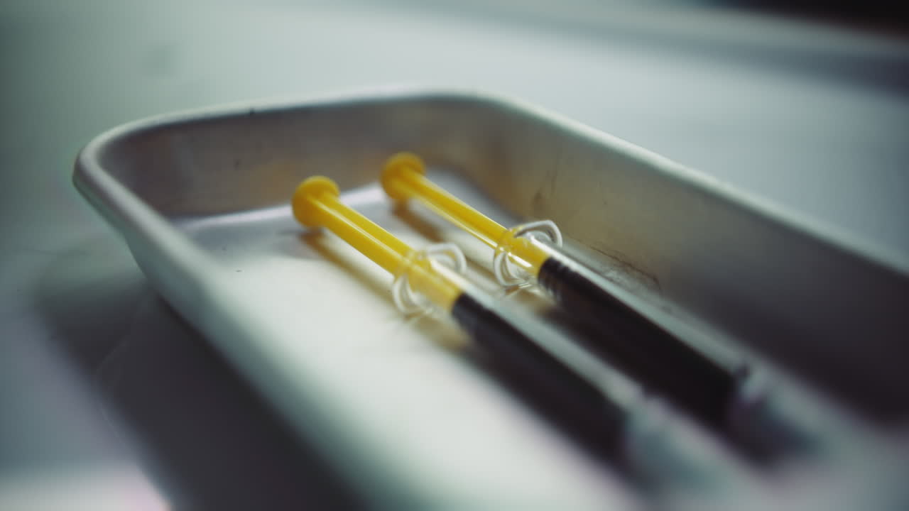 Syringes with a dark liquid on a medical tray