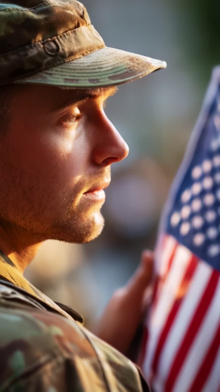 A Soldier's Reflection: Emphasizing Duty and Honor While Holding the American Flag in a Moment of Contemplation and Pride in the Field of Service