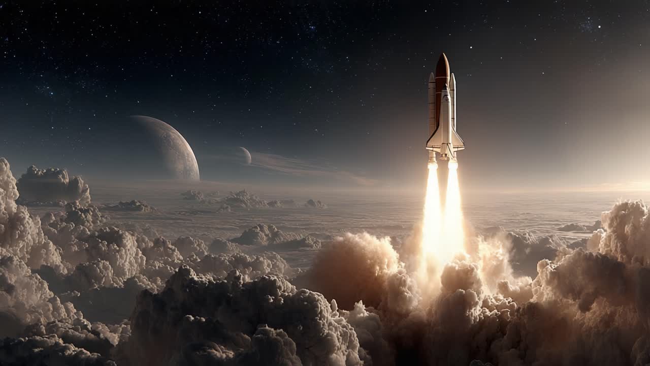 A Majestic Rocket Launching Through Clouds into the Vastness of Space, Surrounded by Celestial Bodies and a Starry Sky, Embarking on a Cosmic Adventure