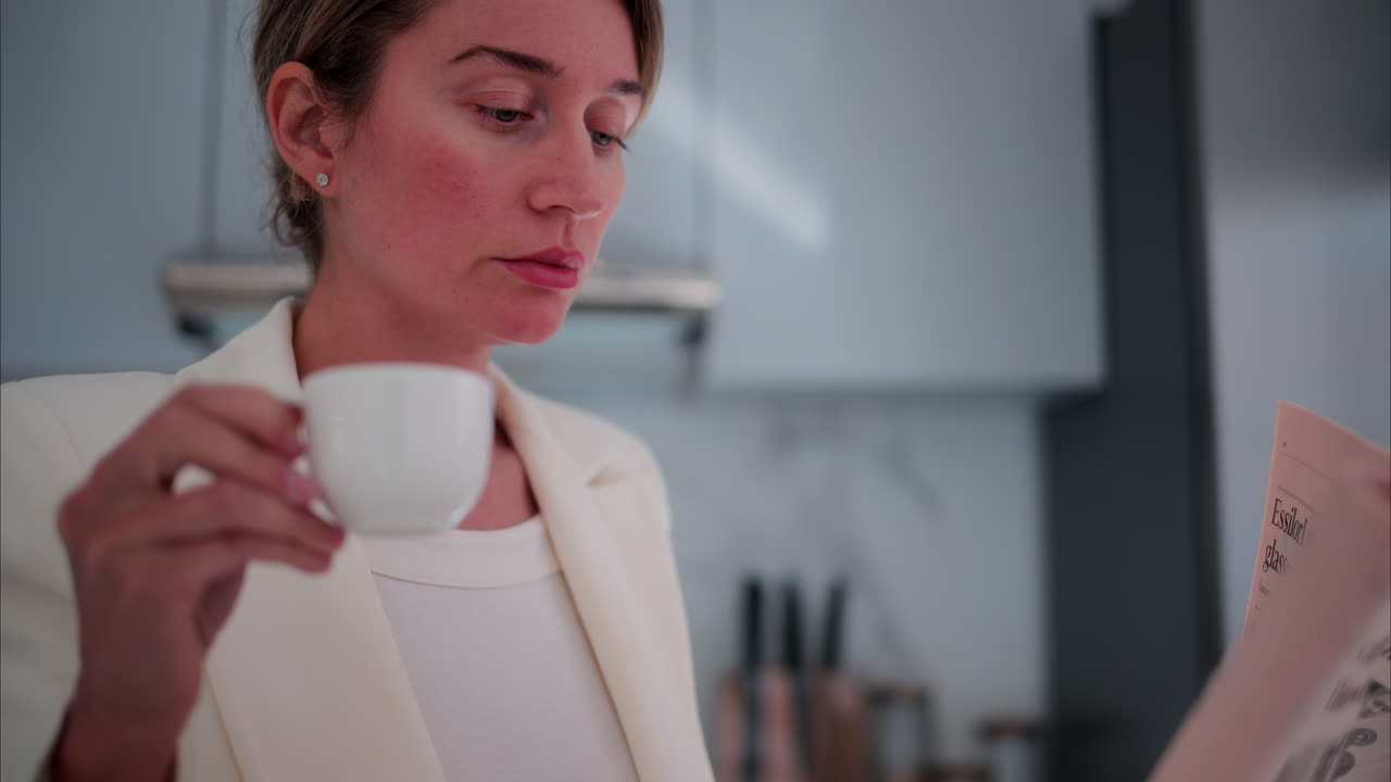 Woman in a white blazer sipping coffee while reading the newspaper in the kitchen
