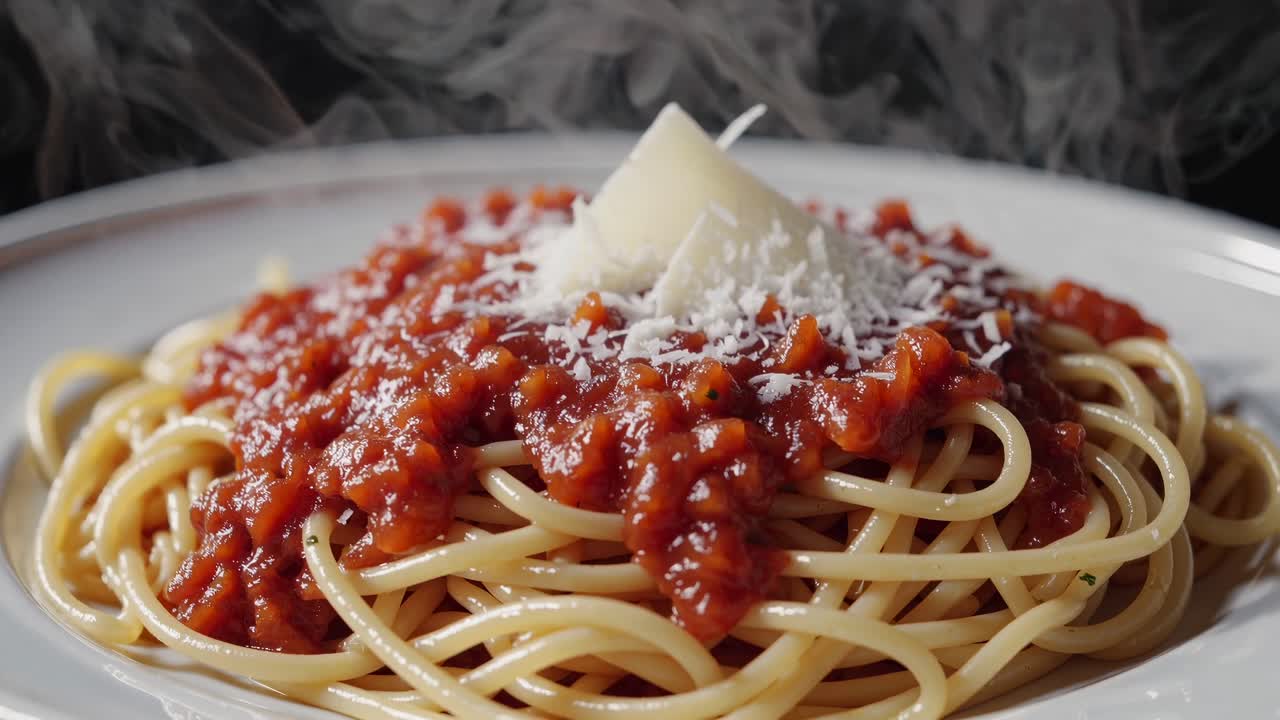 Primo piano video di spaghetti fumanti con un ricco sugo di pomodoro e formaggio grattugiato.
