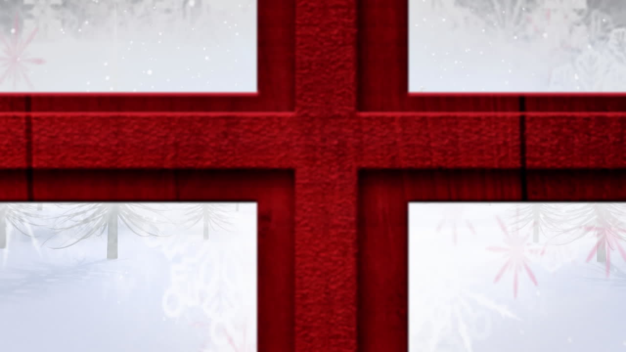 анимация открытия окна на фоне снега, падающего на зимний пейзаж на фоне ночного неба