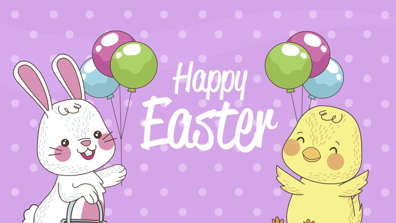 happy easter lettering with rabbit and chick