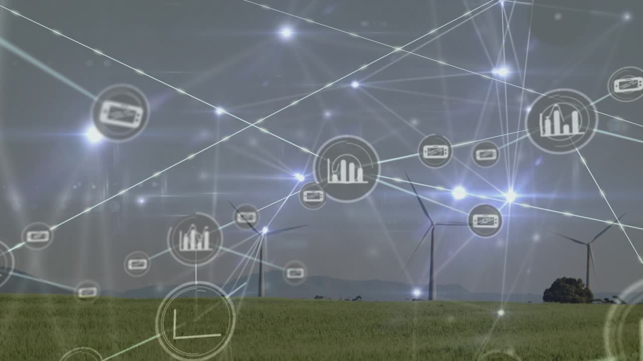 Animation of network of connections with icons over wind turbines