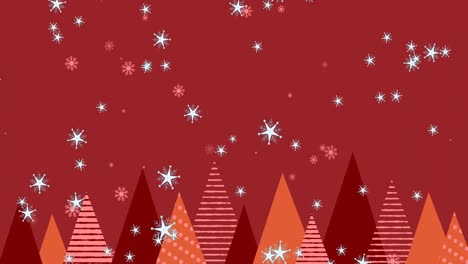 múltiples estrellas e iconos de copos de nieve cayendo contra múltiples iconos de árboles de navidad en fondo rojo