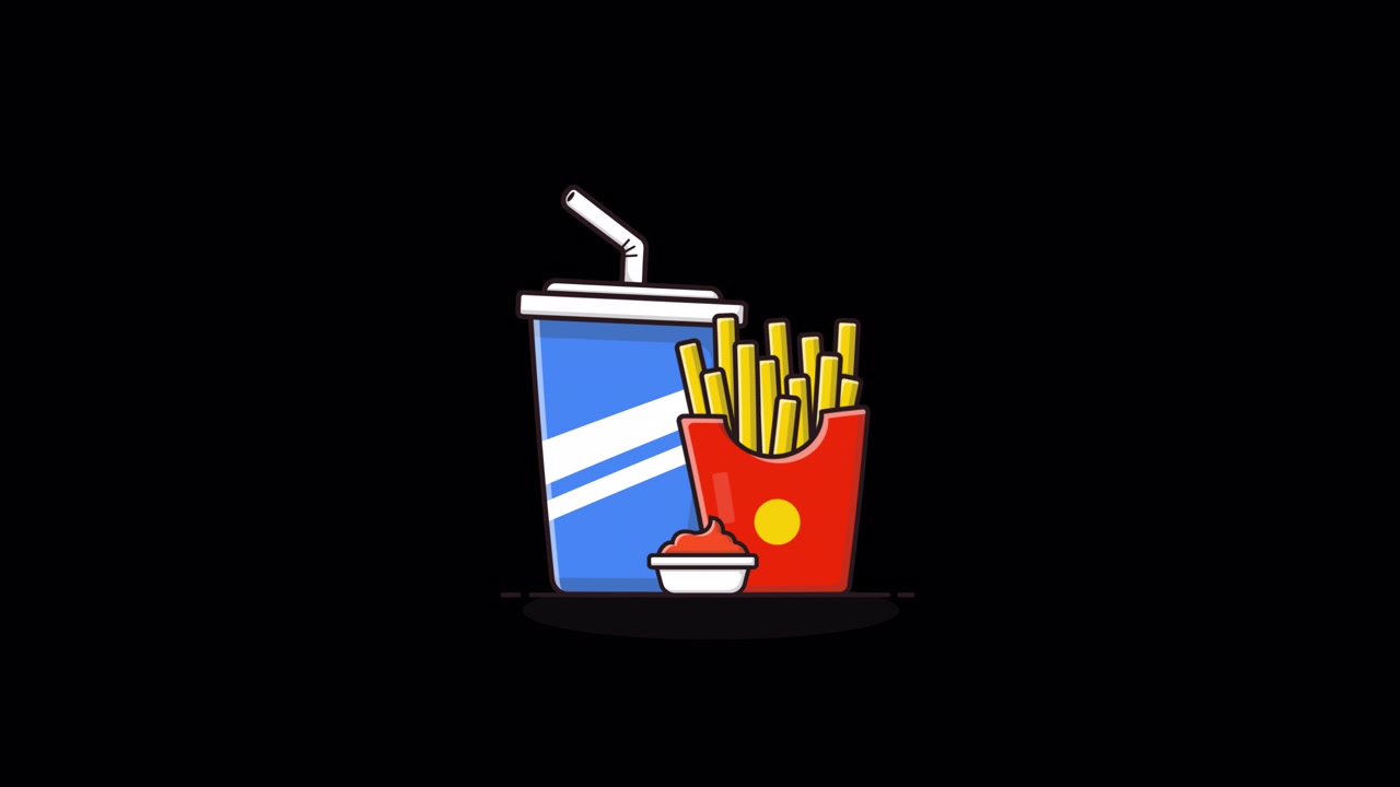 Illustrazione animata di un combo fast food con bibita e patatine fritte