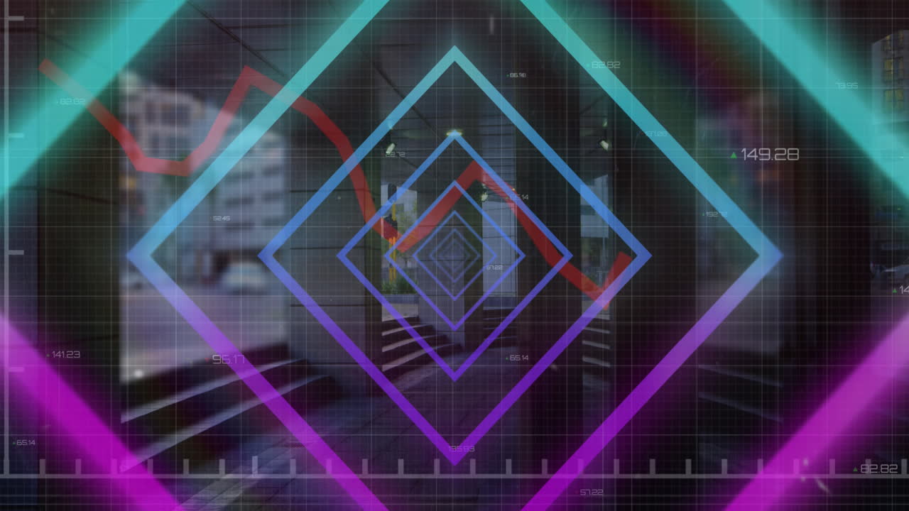 네온 사각형의 애니메이션과 도시 생활과 함께 타임 라프스에 대한 금융 데이터