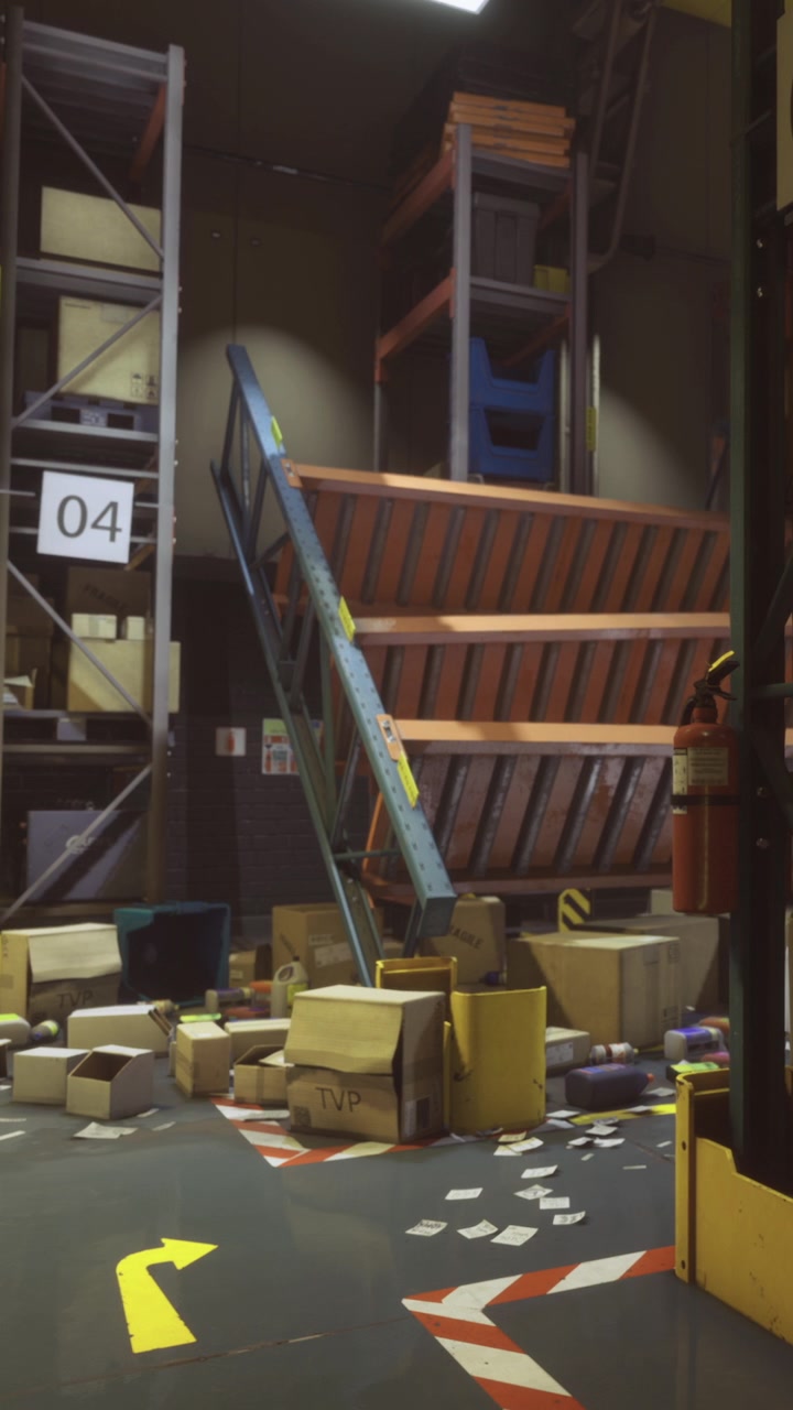 Warehouse space showing disorganized shelves and scattered items in a busy area