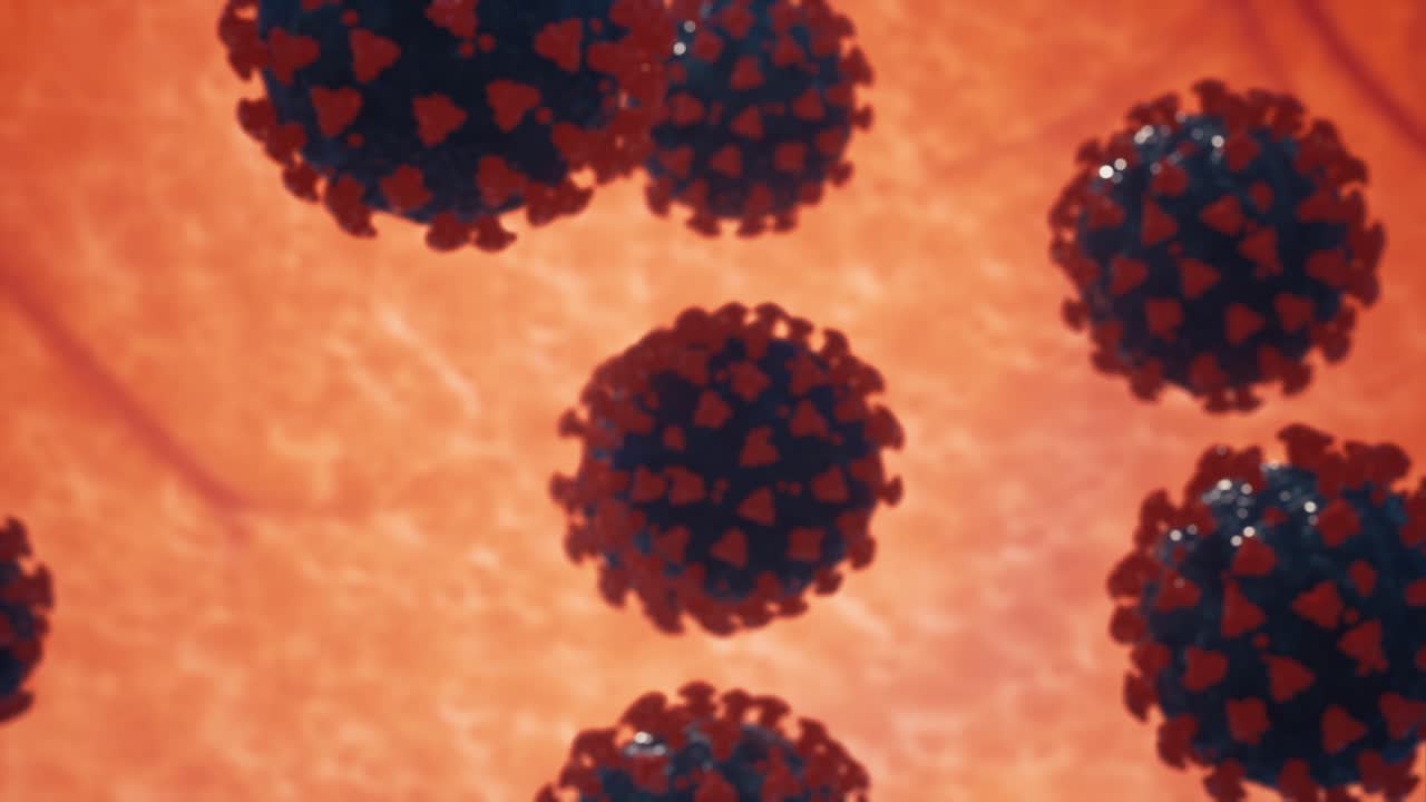 Coronavirus (COVID-19) medical animation. The virus model is realistic. Coronaviruses influenza as dangerous flu strain cases as a pandemic. Microscope virus close up. 3d rendering.