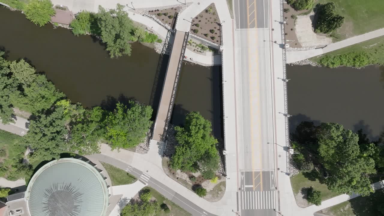 Michigan State University Aerial Drone looking dow Red Cedar River and Shaw Lane