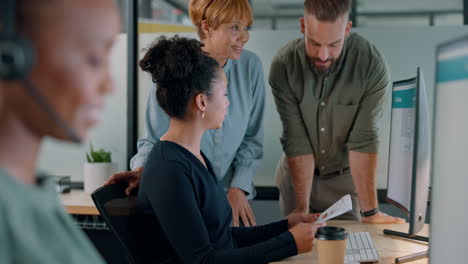 call center, documents or business people