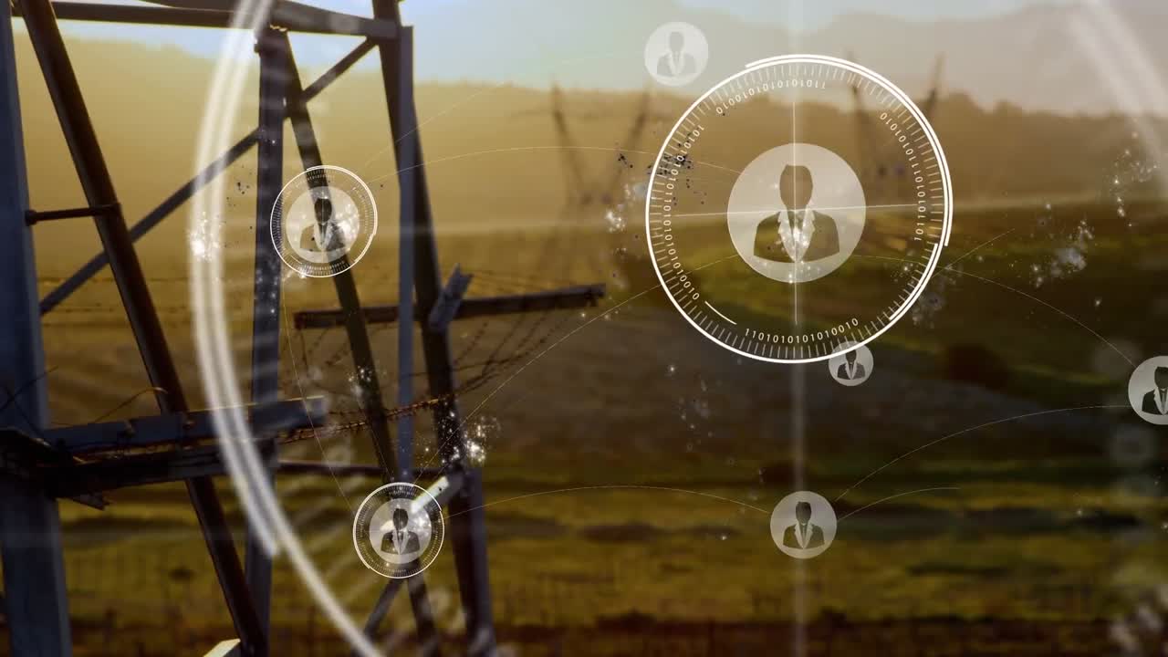 animación de redes de conexiones con íconos sobre pilares eléctricos