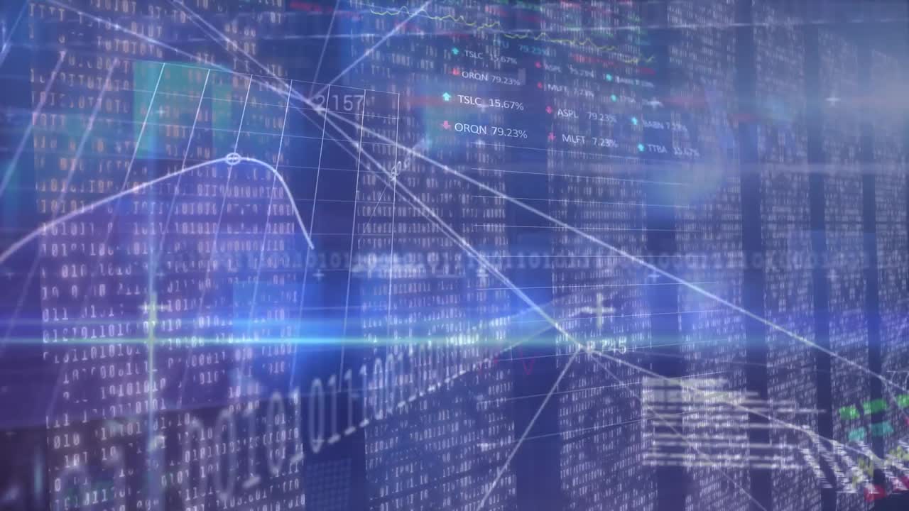 Animation of financial data processing and binary coding over computer servers