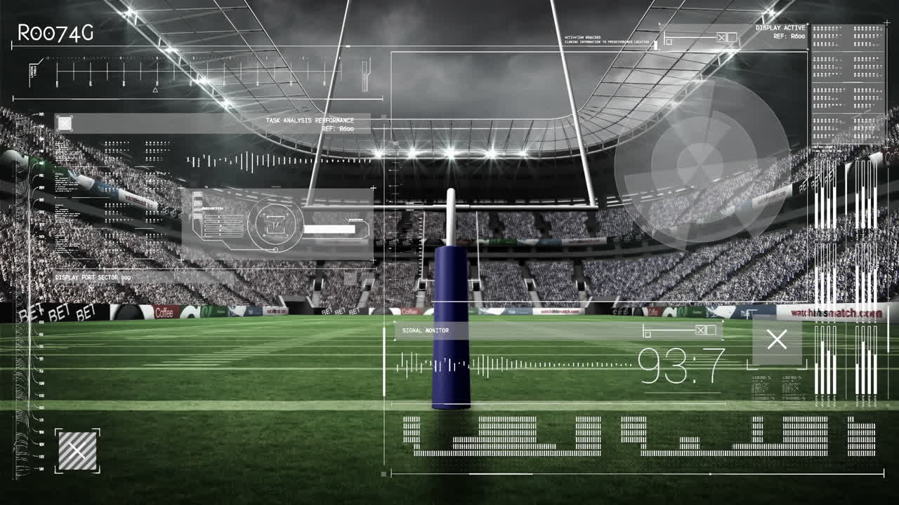 Animation of scopes scanning and data processing over sports stadium