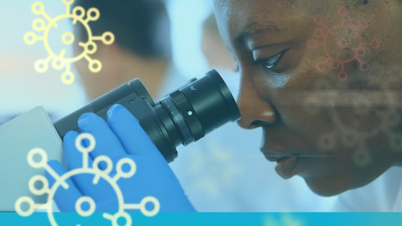 Covid-19 cells against female scientist using a microscope