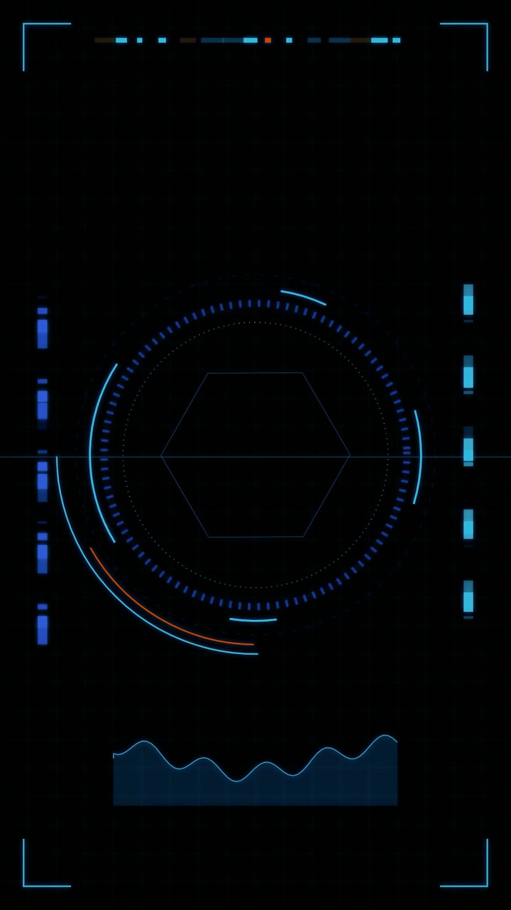 Interfaccia HUD digitale futuristica con esagono rotante e grafico dati