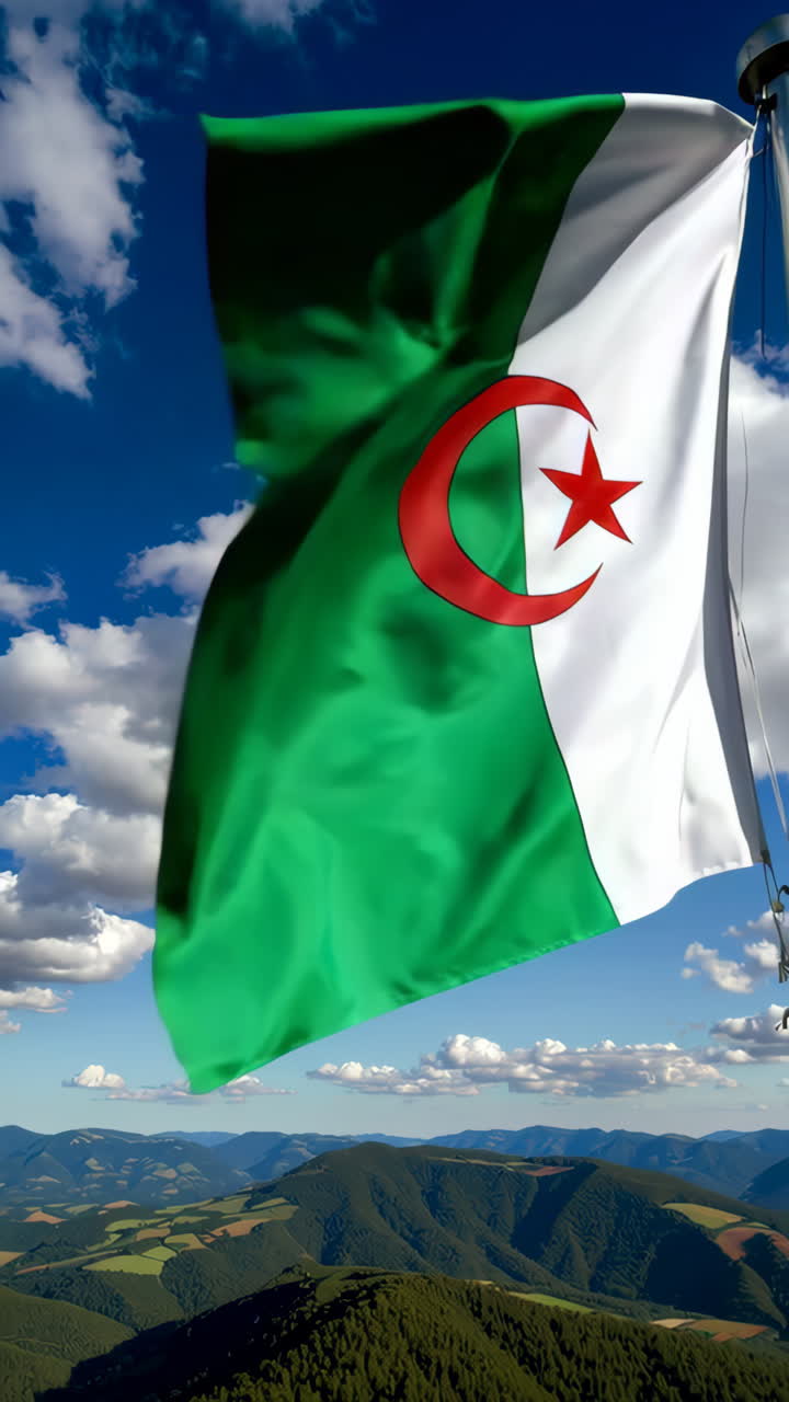 Bandiera algerina che sventola su un paesaggio montuoso