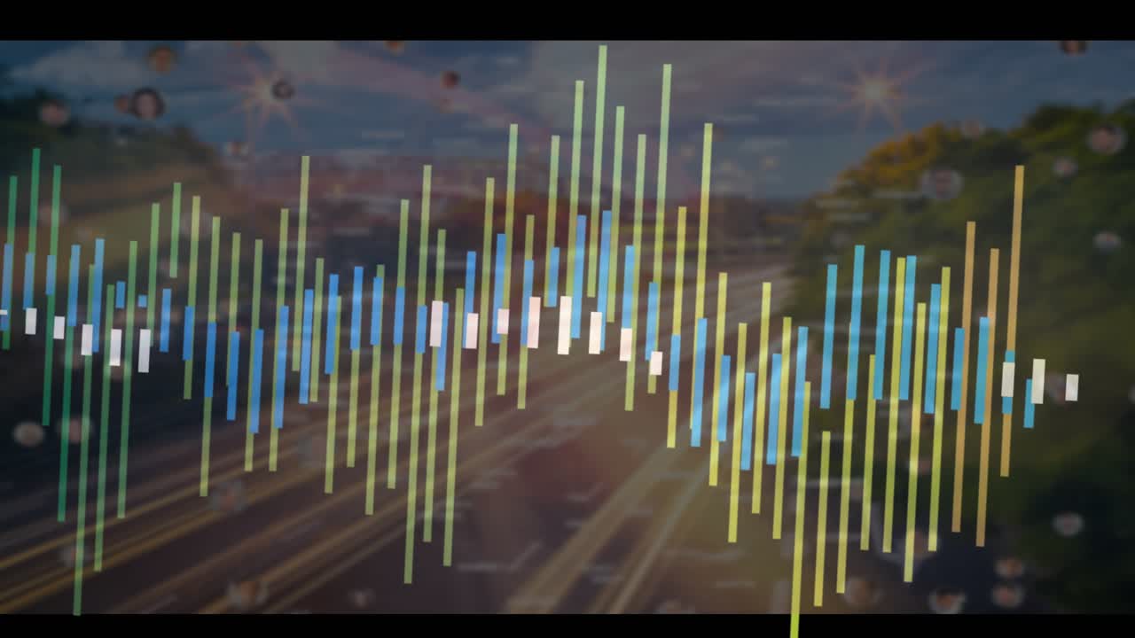 On initial pulse starting green bars growing into oscillating cyan-teal bars shifting right fading