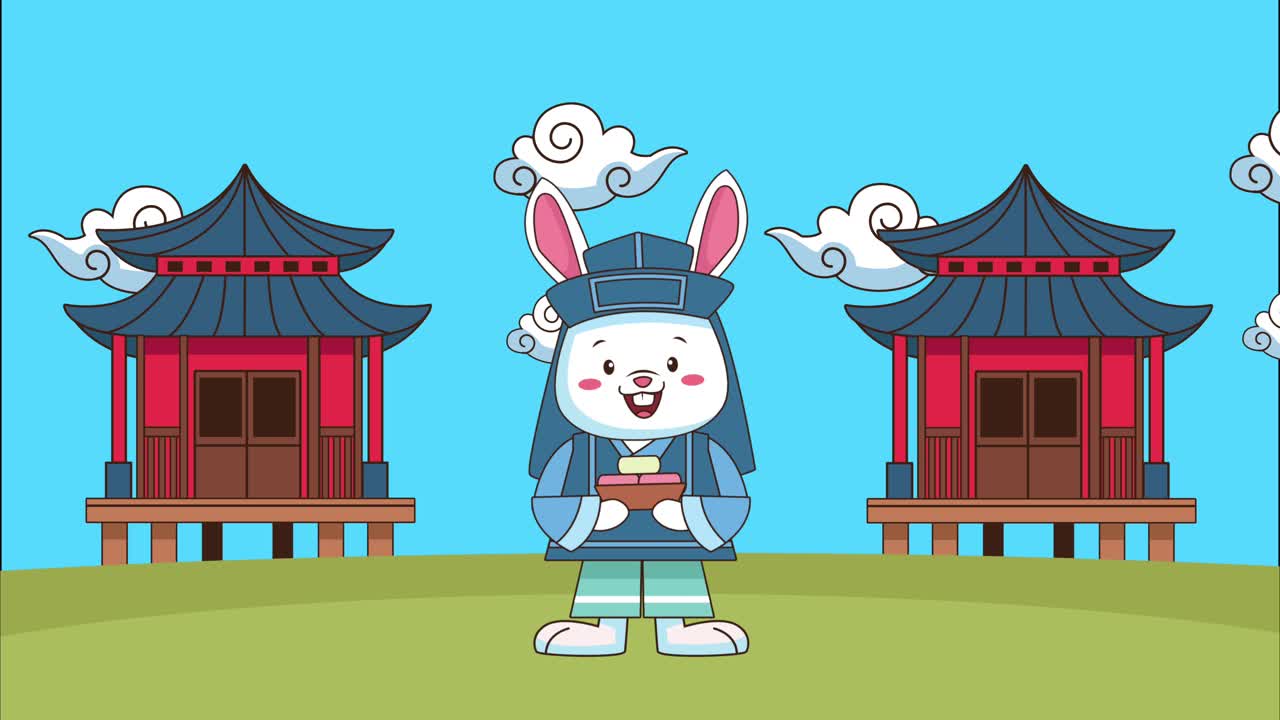 Mừng lễ Chuseok với những ngôi nhà kiểu Trung Quốc và thỏ trên cánh đồng