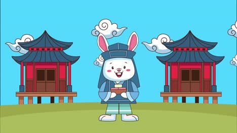 happy chuseok celebration with chinese houses and rabbit in the field