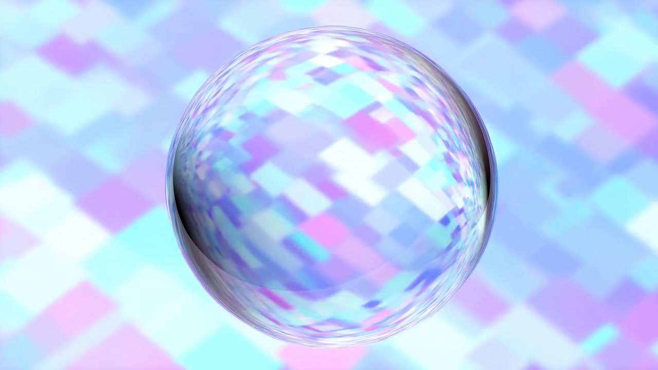 Globo traslucido centrato con riflessi scintillanti su uno sfondo geometrico pastello delicato, illuminato da luce diffusa e una composizione astratta pulita e moderna