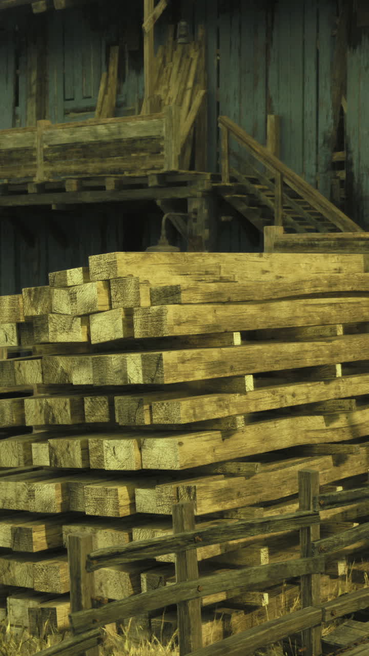 Rustic wooden structures and wagon in an abandoned mining town setting