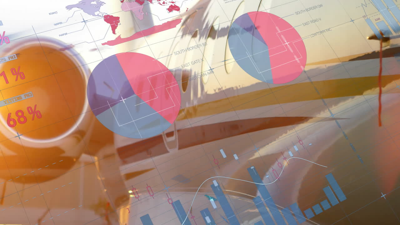 항공기 및 세계 지도 배경 위에 애니메이션 차트 및 그래프