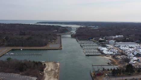 An-aerial-view-over-the-Shinnecock-Canal-in-Hampton-Bays,-Long-Island,-NY