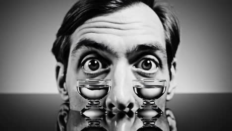 man with wide eyes looking at two glasses in black and white