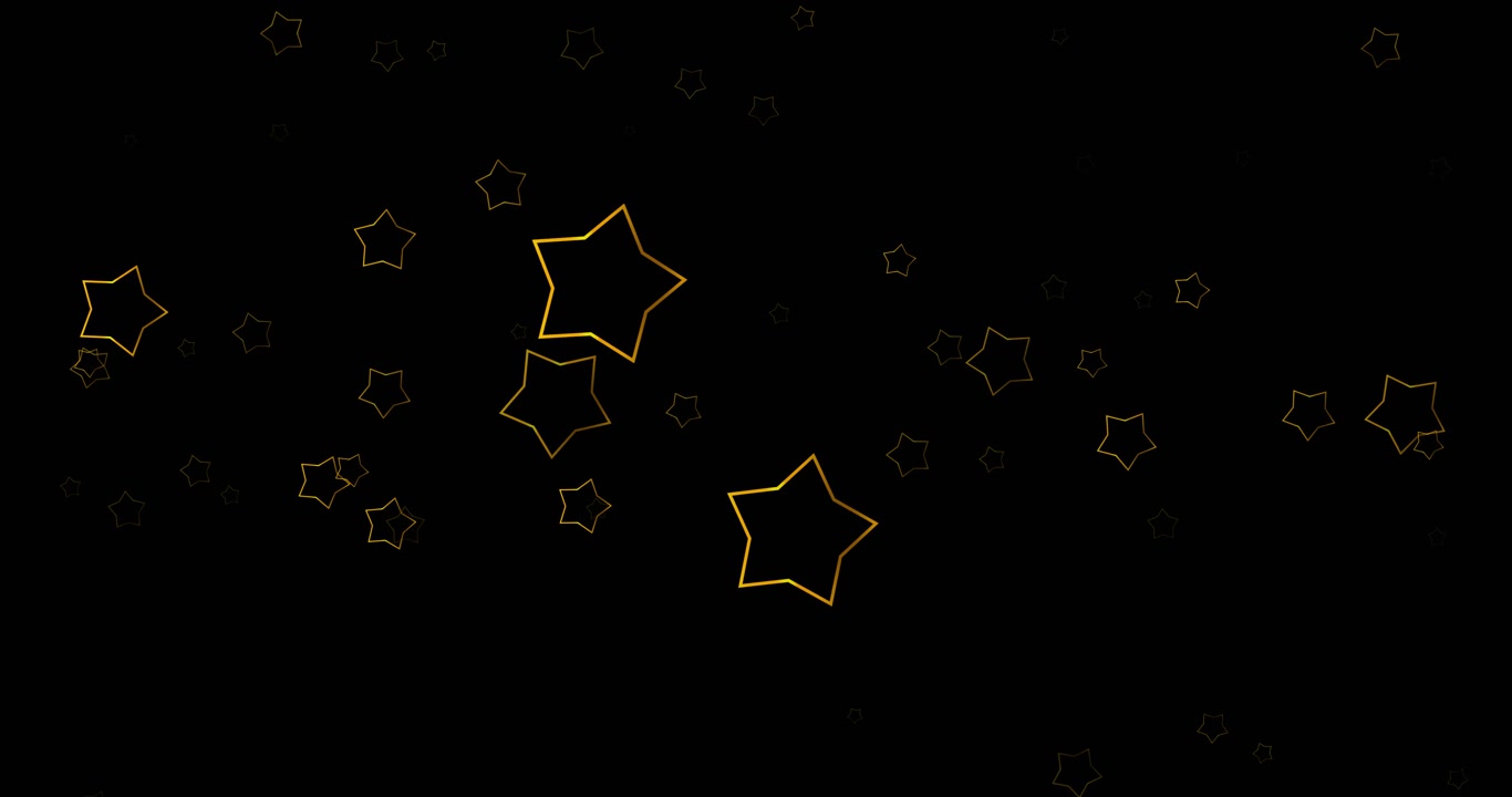 Animation af gyldne julestjerner, der falder og glitrer på sort baggrund