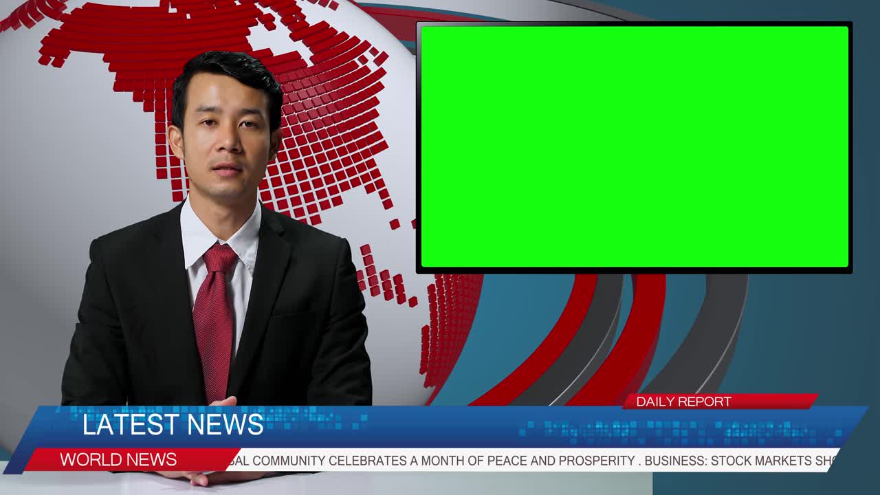 Live News Studio With Asian Male Anchor Reporting On A Story, Uses Green Chroma Key Screen Placeholder Copy Space.Television Newsroom Channel With Professional Presenter