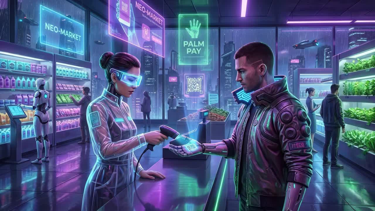 Futuristic Supermarket with AI and Digital Payments