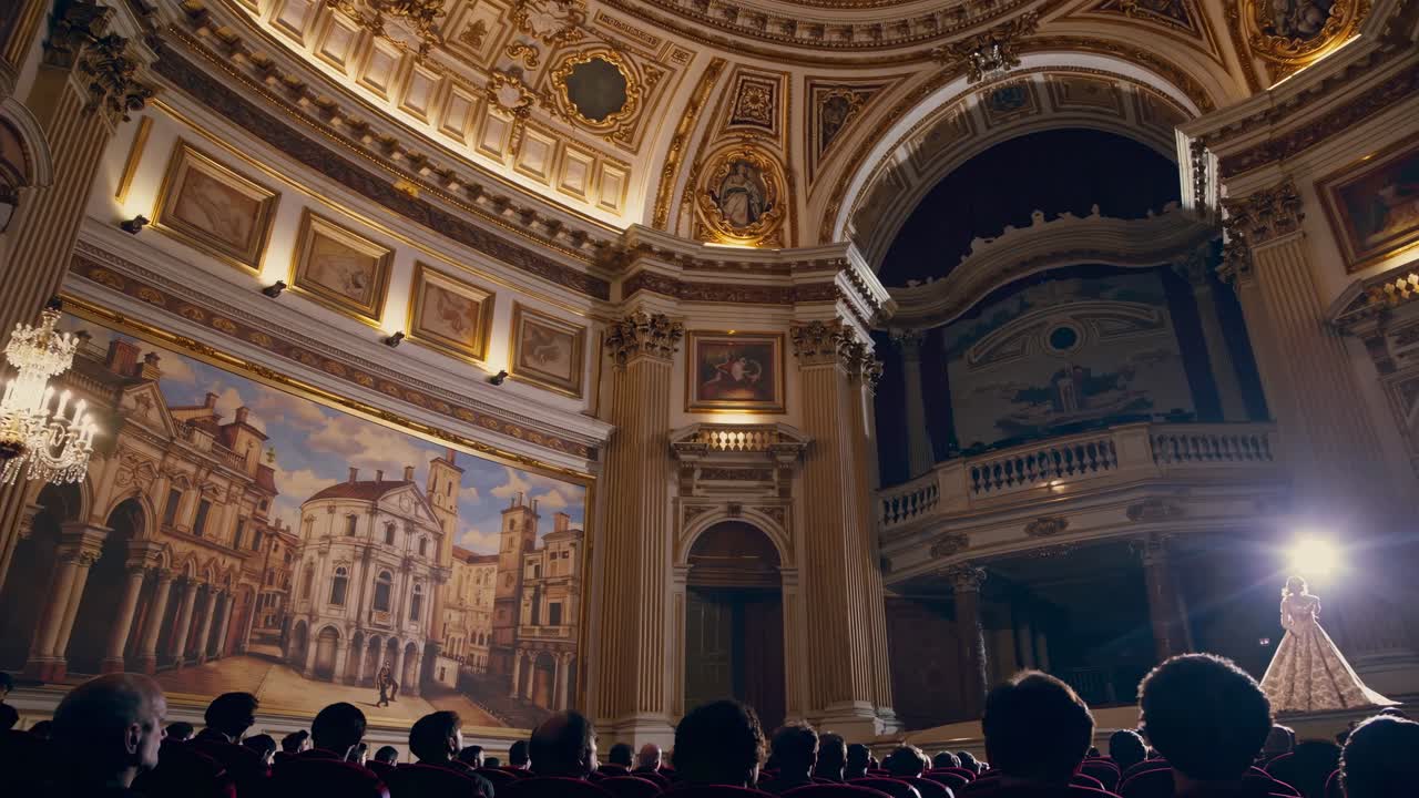 Close-up video shot of a woman singing passionately in an ornate theater, capturing her expressive