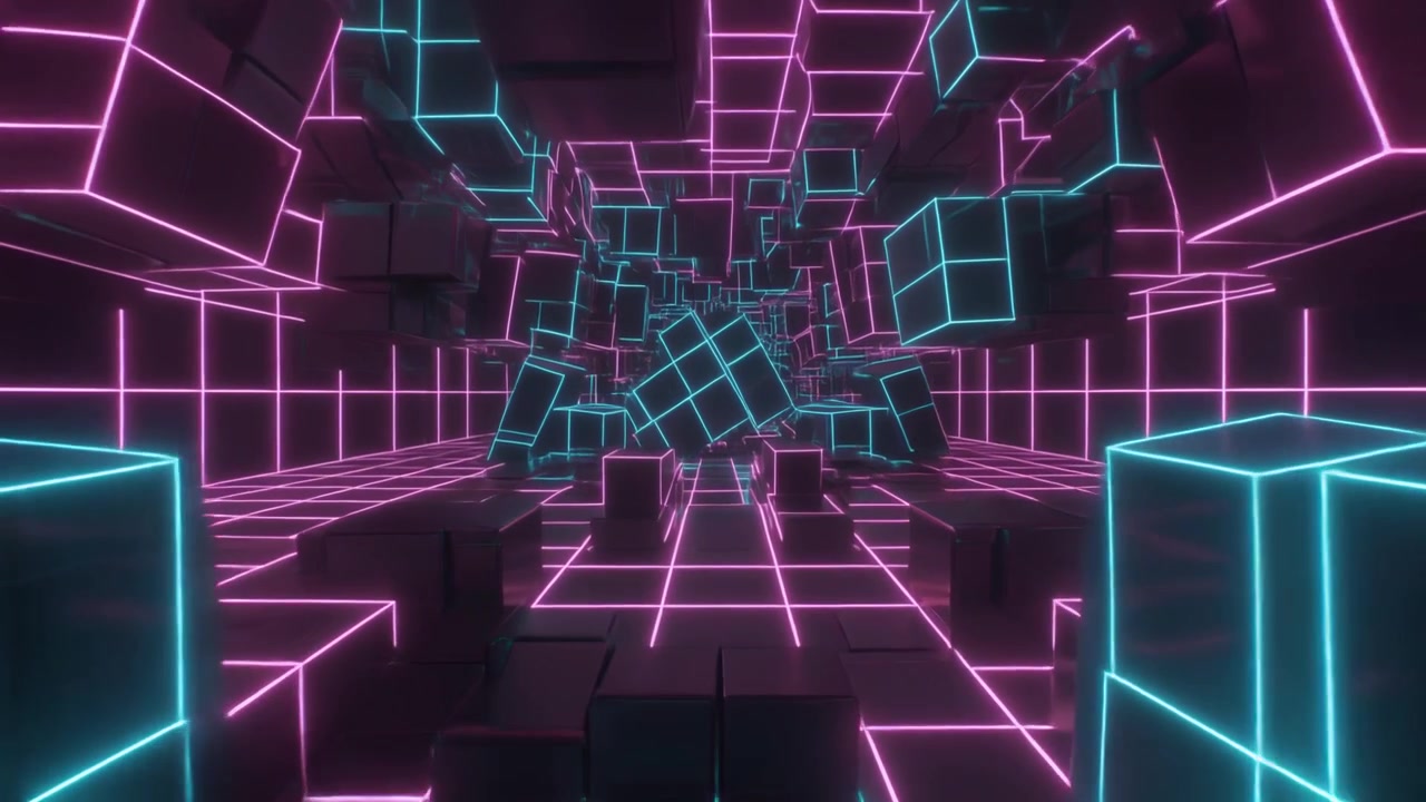 Abstract Neon Cube Tunnel with Glowing Grid Lines